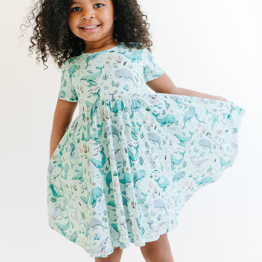 Bamboo Twirl Dress - Whales