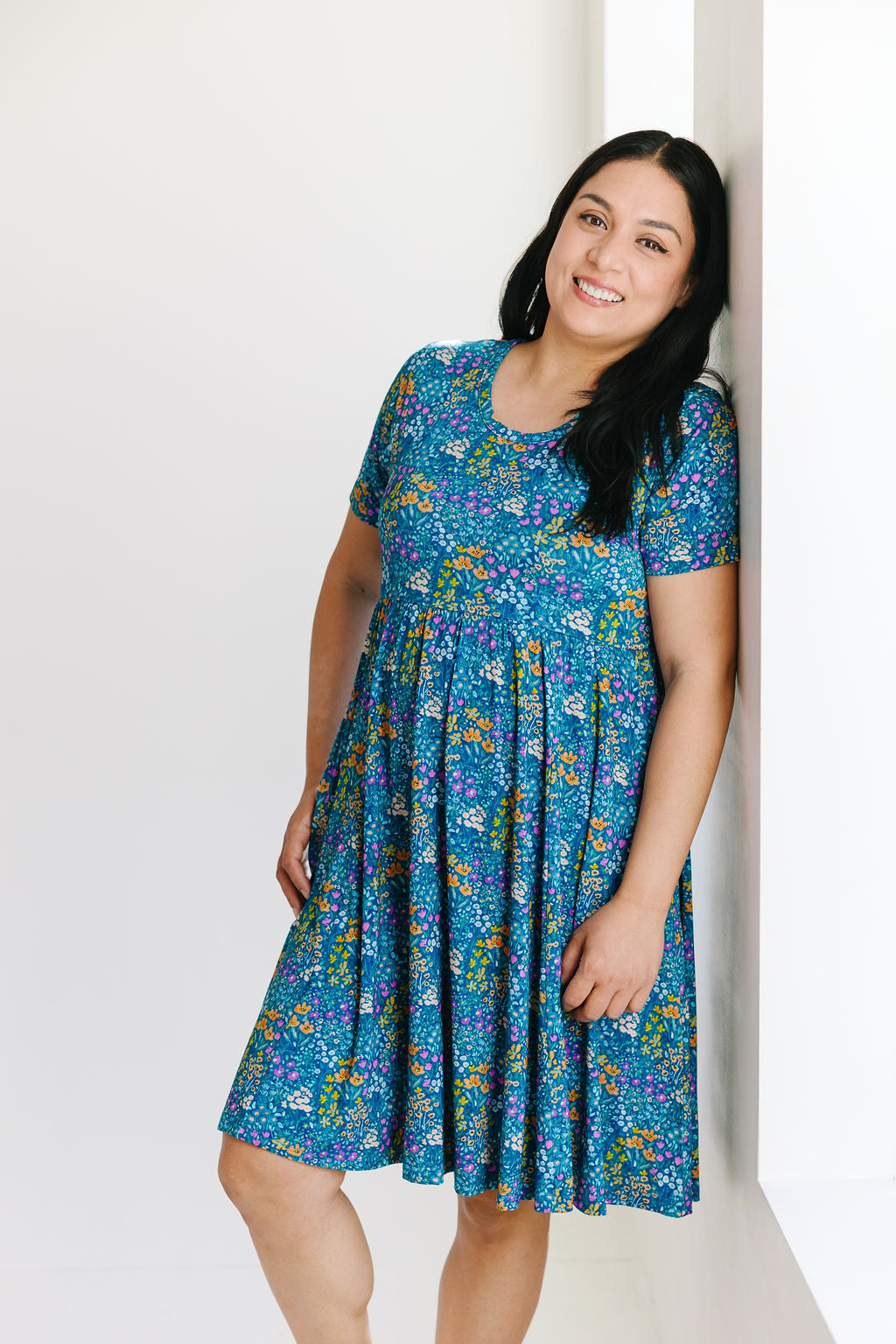 Women's Twirl Dress - Dark Teal Wildflowers
