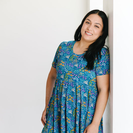 Women's Twirl Dress - Dark Teal Wildflowers